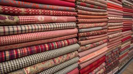 Stacked Rolls of Patterned Fabric in Store