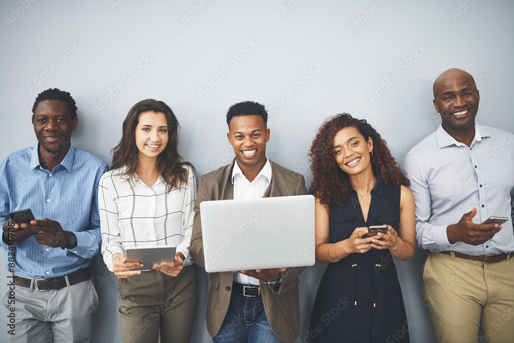 Aufkleber laptop, tablet and portrait of of business people on wall background in office for contact us, hirin