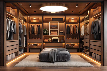 Interior design of luxury walk in closet. Modern walk in dressing room with space for storing and organizing. Stylish and luxury wardrobe with clothes hanging on rods, shelves and drawers.