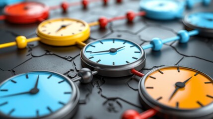 Colorful Clocks on Circuit Board Representing Time and Technology
