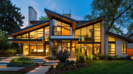 Obraz premium Suburban Contemporary home with an angular design, mixed-material facade, and large, energy-efficient windows