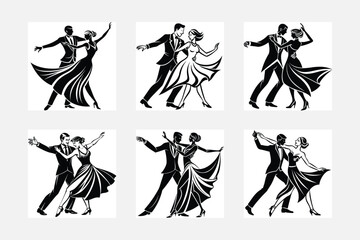 Set of dancing couples silhouettes. Latin, waltz, romantic dance figures. For wedding, birthday, holiday invitation.