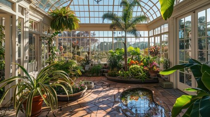 The classic greenhouse of a Suburban Colonial home, built in the style of an English conservatory, housing a collection of tropical plants and orchids
