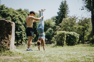 Young couple practicing a handstand exercise in a grassy park, focusing on strength and balance...
