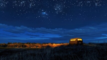 Fototapeta premium In the foreground, a yellow van is parked in a field with its headlights on. The sky above is dark blue, dotted with stars, and clouds are scattered across it.