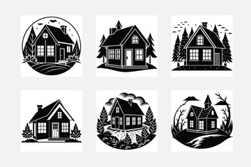 Vector black and white illustration of cozy cottages and trees. Set of logo templates for real estate company or home business set
