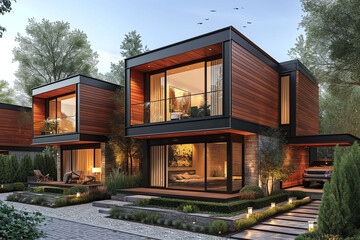 Fototapeta premium Modern and luxury private modular townhouses with wooden cladding. Residential and minimalistic concept