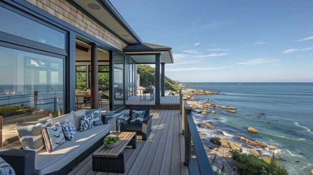 The cliffside deck of a Suburban Cape Cod home, offering stunning ocean views and built with weather-resistant materials