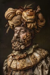 Obraz premium A man with a large head and beard made of bread. AI.