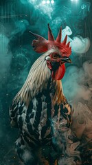 A rooster with a red comb and black feathers in the background. AI.