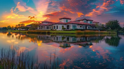 Lakefront house with a serene sunset reflecting vibrant colors on the water.