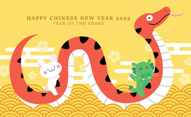 Cute characters riding chinese zodiac snake 2025 card. Zodiac bunny and zodiac dragon with zodiac snake for chinese new year 2025 celebration.