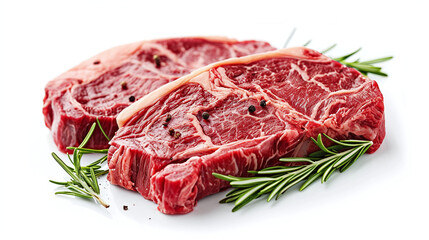 Fototapeta premium Deliciously juicy sliced beef ribeye fresh steak, isolated on white background, close up, top view