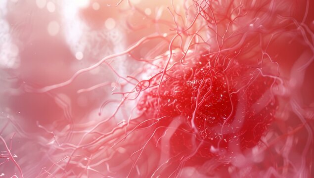 A close up of a red cell with some strands. AI.