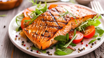 Cooked salmon served in plate decorated with salad. Close up	
