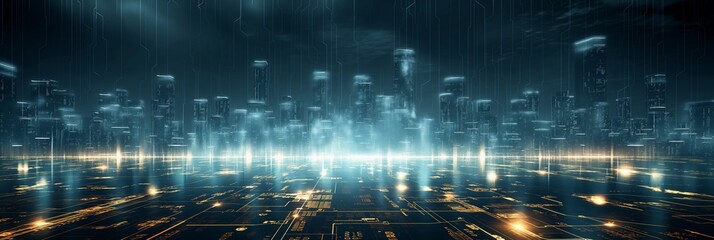 Fototapeta premium Futuristic Skyline with Blue Digital Lights