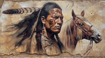 Native American Warrior and Horse Detailed Portrait