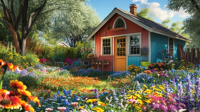 The cottage-style potting shed in the backyard of a Suburban Colonial home, painted in cheerful colors and surrounded by a wildflower garden