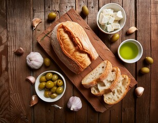 Pan queso aceitunas oliva ajo cebollas , contra picado,