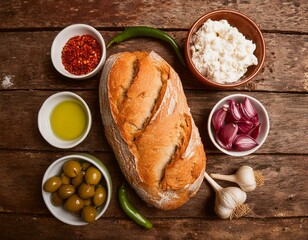 Pan queso aceitunas oliva ajo cebollas , contra picado,