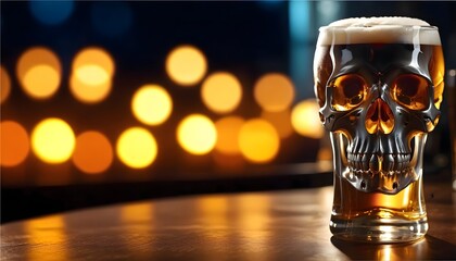 Skull Engraved Pint Beer Glass Highlighting Alcohol Beverages Danger and sobriety with Copy Space
