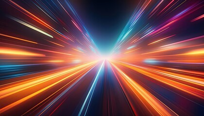 A brightly colored abstract image of a glowing white point surrounded by streaks of red, orange, blue, and purple light, creating a sense of speed