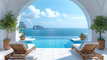 Plakat Two deck chairs on a terrace with a pool, overlooking a stunning sea view. Traditional Mediterranean white architecture building with arches