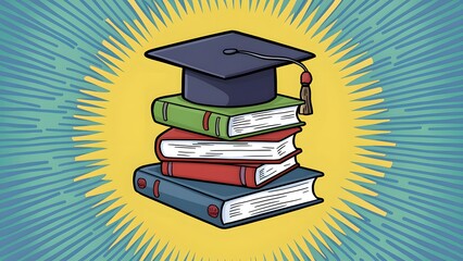 A colorful cartoon for International Youth Day featuring a stack of books with a graduation cap on top, symbolizing the importance of education.