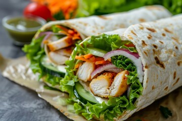 A delicious chicken shawarma wrap filled with fresh veggies, a perfect choice for a tasty and satisfying meal