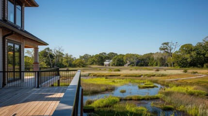 The custom-built, elevated walkways in the backyard of a Suburban Cape Cod home, providing views over a restored native wetland area