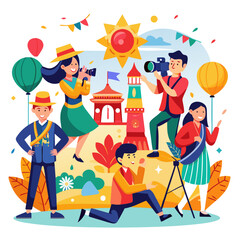 World Photography Day vector illustration. Illustrations of photographers capturing vibrant cultural festivals around the world