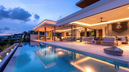 Fototapeta premium Luxurious villa exterior with a spacious poolside lounge, glowing under evening lights.