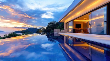 Fototapeta premium Luxury villa exterior with an infinity pool reflecting the evening sky.