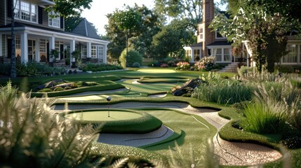 The custom-crafted mini golf course in the backyard of a Suburban Colonial home, featuring challenges modeled after the home's architectural elements