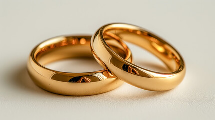 Pair of gold wedding bands on white background