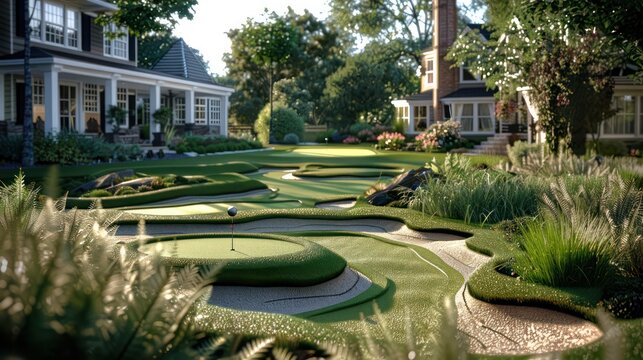 The custom-crafted mini golf course in the backyard of a Suburban Colonial home, featuring challenges modeled after the home's architectural elements