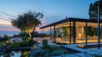 Minimalist home with glass walls and garden in twilight.