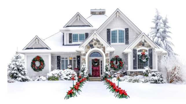 house decorated for Christmas on a transparent background