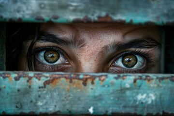 A person's face, eyes filled with fear and desperation, peeking through a small window or bars. Concept of human trafficking. World Day Against Trafficking in Persons