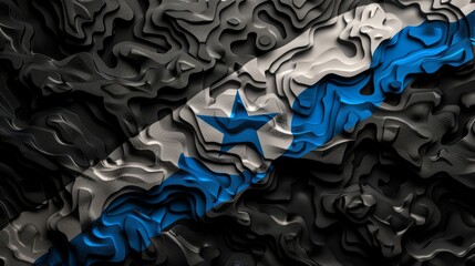 paper mockup designed to resemble a world flag with blue, white, and black colors, featuring a prominent blue star.