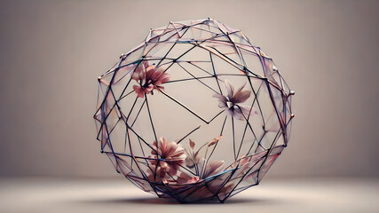 Abstract polygonal flower wireframe with mesh net dots lines and connections .  AI generated image, ai.