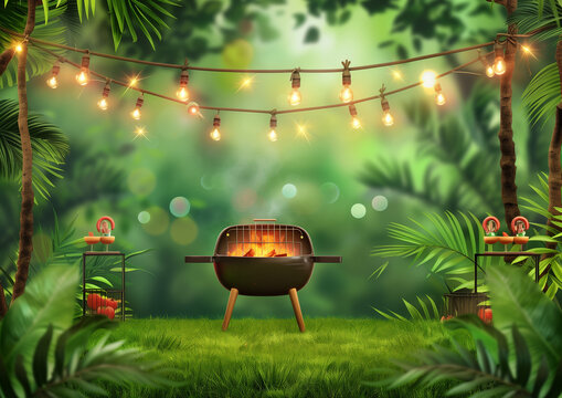 Festive vector illustration of a Christmas tree beside a fireplace, perfect for a barbecue holiday meal design