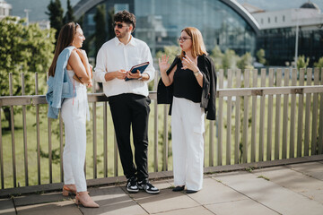 Business associates are brainstorming and discussing a project in an outdoor urban setting, highlighting teamwork and modern business practices.