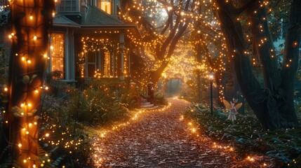 The enchanted forest pathway of a Suburban Victorian home, lined with twinkling lights and leading to a hidden fairy garden