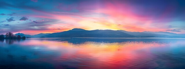 Obraz premium Panoramic view of colorful sunset over calm sea lake with mountain range background