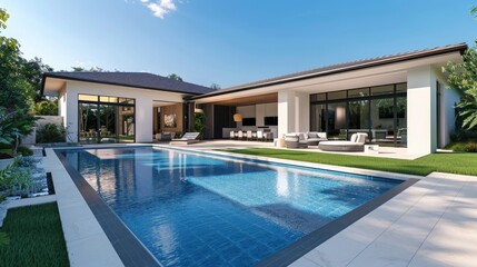 Modern home with a spacious backyard featuring a luxurious swimming pool and lush landscaping.
