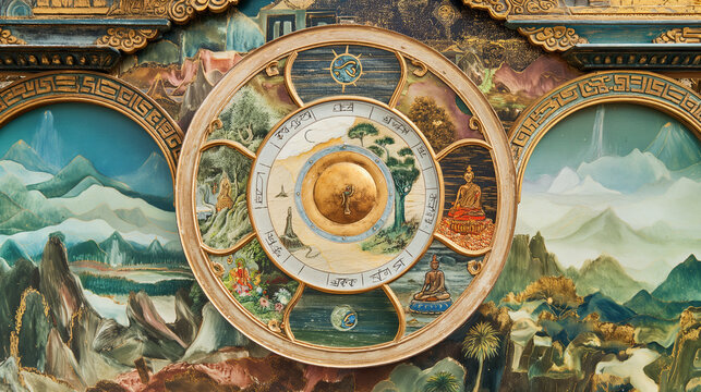 Depiction of different life stages within the Wheel of Samsara, interconnected and profound, upper third copy space