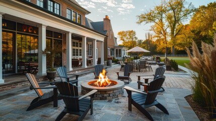 The expansive patio of a Suburban Colonial home, featuring a custom fire pit surrounded by handmade Adirondack chairs