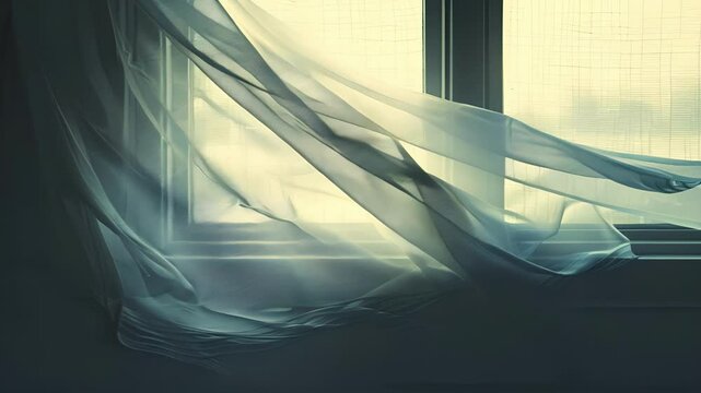 Each gust of wind through the broken window causes the curtain to dance and spin a hauntingly beautiful performance.