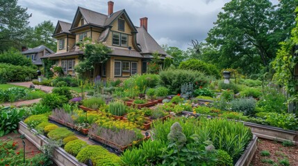 The extensive herb garden of a Suburban Colonial home, organized alphabetically and featuring a variety of culinary and medicinal herbs